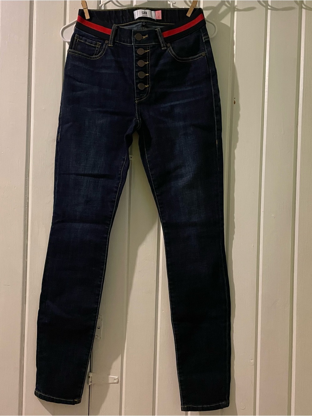 Cabi Women's Dark Wash Skinny Jeans with Red Stripe Waistband-2 NWOT - Picture 3 of 7